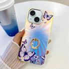 For iPhone 15 Electroplating Laser Butterfly Ring Holder Phone Case(Purple Butterflies AB3) - 1