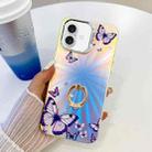 For iPhone 16 Plus Electroplating Laser Butterfly Ring Holder Phone Case(Purple Butterflies AB3) - 1