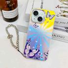 For iPhone 15 Electroplating Laser Butterfly Phone Case with Wrist Strap(Purple Butterflies AB3) - 1