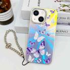 For iPhone 14 Electroplating Laser Butterfly Phone Case with Wrist Strap(White Purple Butterflies AB6) - 1