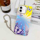 For iPhone 16 Plus Electroplating Laser Butterfly Phone Case with Wrist Strap(Purple Butterflies AB3) - 1