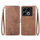 For Infinix Note 40 Embossed Flower Zipper Leather Phone Case(Brown) - 1