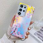 For Samsung Galaxy S22 Ultra 5G Electroplating Laser Flower Phone Case with Wrist Strap(Peach Blossom AH4) - 1