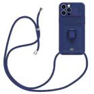 For iPhone 15 Pro Max Sliding Camshield Magnetic Card Holder Silicone Phone Case with Lanyard(Navy Blue) - 1