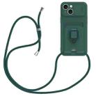 For iPhone 15 Plus Sliding Camshield Magnetic Card Holder Silicone Phone Case with Lanyard(Dark Night Green) - 1