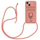 For iPhone 14 Sliding Camshield Magnetic Card Holder Silicone Phone Case with Lanyard(Pink) - 1