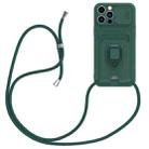 For iPhone 14 Pro Sliding Camshield Magnetic Card Holder Silicone Phone Case with Lanyard(Dark Night Green) - 1