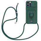 For iPhone 12 Pro Sliding Camshield Magnetic Card Holder Silicone Phone Case with Lanyard(Dark Night Green) - 1