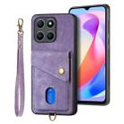 For Honor X6a Retro Card Wallet Fold Leather Phone Case with Strap(Purple) - 2