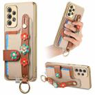 For Samsung Galaxy A23 5G Stereoscopic Flowers Wristband Card Bag Phone Case(Khaki) - 1