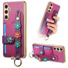 For Samsung Galaxy A54 5G Stereoscopic Flowers Wristband Card Bag Phone Case(Purple) - 1