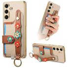 For Samsung Galaxy S24+ 5G Stereoscopic Flowers Wristband Card Bag Phone Case(Khaki) - 1