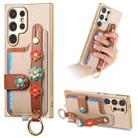 For Samsung Galaxy S24 Ultra 5G Stereoscopic Flowers Wristband Card Bag Phone Case(Khaki) - 1