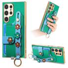 For Samsung Galaxy S24 Ultra 5G Stereoscopic Flowers Wristband Card Bag Phone Case(Green) - 1