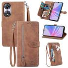 For OPPO A78 5G Embossed Flower Zipper Leather Phone Case(Brown) - 1