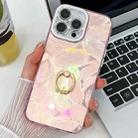 For iPhone 16 Pro Max Plating Glitter Texture Ring Holder TPU Phone Case with Lens Film(Pink Feathers) - 1