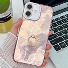 For iPhone 16 Plus Plating Glitter Texture Ring Holder TPU Phone Case with Lens Film(Pink Tinfoil Texture) - 1