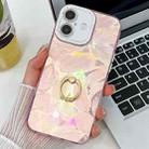 For iPhone 16 Plus Plating Glitter Texture Ring Holder TPU Phone Case with Lens Film(Pink Feathers) - 1