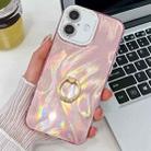 For iPhone 16 Plus Plating Glitter Texture Ring Holder TPU Phone Case with Lens Film(Pink Feather Yarn) - 1