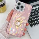 For iPhone 15 Pro Max Plating Glitter Texture Ring Holder TPU Phone Case with Lens Film(Pink Feather Yarn) - 1