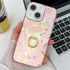 For iPhone 15 Plating Glitter Texture Ring Holder TPU Phone Case with Lens Film(Pink Feathers) - 1