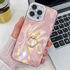 For iPhone 14 Pro Plating Glitter Texture Ring Holder TPU Phone Case with Lens Film(Pink Feather Yarn) - 1