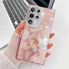 For Samsung Galaxy S25 Ultra 5G Plating Glitter Texture Ring Holder TPU Phone Case with Lens Film(Pink Feathers) - 1