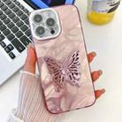 For iPhone 16 Pro Max Plating Glitter Texture Butterfly Holder TPU Phone Case with Lens Film(Pink Feathers) - 1