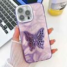 For iPhone 16 Pro Max Plating Glitter Texture Butterfly Holder TPU Phone Case with Lens Film(Purple Feathers) - 1