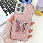 For iPhone 16 Pro Plating Glitter Texture Butterfly Holder TPU Phone Case with Lens Film(Pink Shell Pattern) - 1