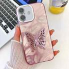 For iPhone 16 Plus Plating Glitter Texture Butterfly Holder TPU Phone Case with Lens Film(Pink Feathers) - 1