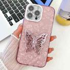 For iPhone 15 Pro Max Plating Glitter Texture Butterfly Holder TPU Phone Case with Lens Film(Pink Shell Pattern) - 1