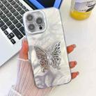 For iPhone 15 Pro Plating Glitter Texture Butterfly Holder TPU Phone Case with Lens Film(White Feathers) - 1