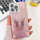 For iPhone 15 Pro Plating Glitter Texture Butterfly Holder TPU Phone Case with Lens Film(Pink Feather Yarn) - 1