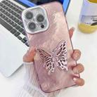 For iPhone 15 Pro Plating Glitter Texture Butterfly Holder TPU Phone Case with Lens Film(Pink Tinfoil Texture) - 1