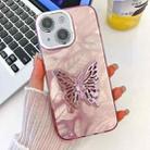 For iPhone 15 Plating Glitter Texture Butterfly Holder TPU Phone Case with Lens Film(Pink Feathers) - 1