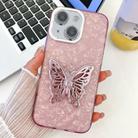 For iPhone 14 Plating Glitter Texture Butterfly Holder TPU Phone Case with Lens Film(Pink Shell Pattern) - 1