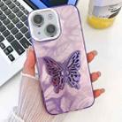 For iPhone 14 Plating Glitter Texture Butterfly Holder TPU Phone Case with Lens Film(Purple Feathers) - 1