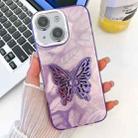 For iPhone 13 Plating Glitter Texture Butterfly Holder TPU Phone Case with Lens Film(Purple Feathers) - 1