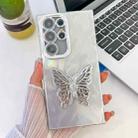 For Samsung Galaxy S24 FE 5G Plating Glitter Texture Butterfly Holder TPU Phone Case with Lens Film(White Feather Yarn) - 1