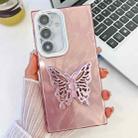 For Samsung Galaxy A15 5G Plating Glitter Texture Butterfly Holder TPU Phone Case with Lens Film(Pink Feather Yarn) - 1