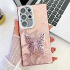 For Samsung Galaxy S24 Ultra 5G Plating Glitter Texture Butterfly Holder TPU Phone Case with Lens Film(Pink Feathers) - 1