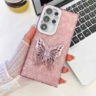 For Samsung Galaxy S23 Ultra 5G Plating Glitter Texture Butterfly Holder TPU Phone Case with Lens Film(Pink Shell Pattern) - 1