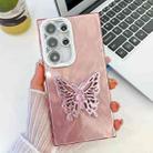 For Samsung Galaxy S23 Ultra 5G Plating Glitter Texture Butterfly Holder TPU Phone Case with Lens Film(Pink Feather Yarn) - 1