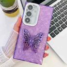 For Samsung Galaxy A36 5G Plating Glitter Texture Butterfly Holder TPU Phone Case with Lens Film(Purple Shell Pattern) - 1