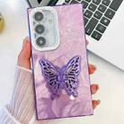 For Samsung Galaxy A36 5G Plating Glitter Texture Butterfly Holder TPU Phone Case with Lens Film(Purple Feathers) - 1