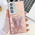 For Samsung Galaxy S25+ 5G Plating Glitter Texture Butterfly Holder TPU Phone Case with Lens Film(Pink Feathers) - 1