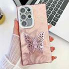 For Samsung Galaxy S25 Ultra 5G Plating Glitter Texture Butterfly Holder TPU Phone Case with Lens Film(Pink Feathers) - 1