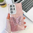 For Samsung Galaxy S25 Ultra 5G Plating Glitter Texture Butterfly Holder TPU Phone Case with Lens Film(Pink Feather Yarn) - 1