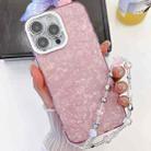 For iPhone 16 Pro Max Plating Glitter Texture Chain Wristband TPU Phone Case with Lens Film(Pink Shell Pattern) - 1